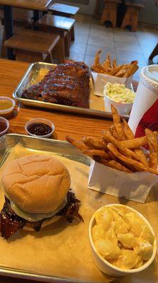 Rack of ribs, brisket sandwich