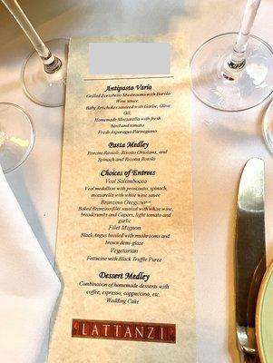 Wedding celebration dinner menu.