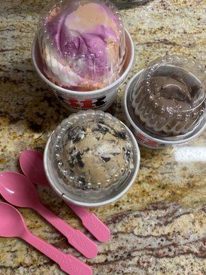 Rainbow sherbet double scoop $5.99  Oreo s'mores and chocolate peanut butter swirl single scoop for $4.39