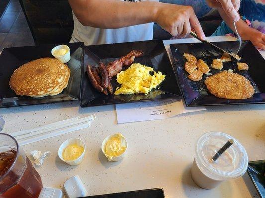 Pancakes, eggs and bacon.