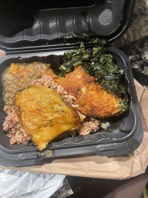 some rice and beans  chicken chicken greens