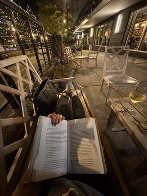 Outdoor seating enjoying the fall weather and Christmas lights