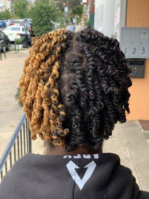 Two strand twist on half and half hair color.