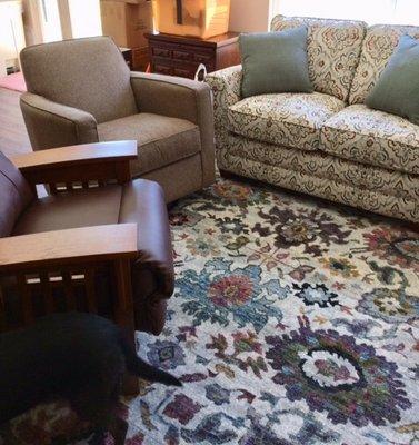 The final result - left chair, rug, sofa from la-z-boy. Believe it or not, the rug's gray background tones help hid the dog hair!