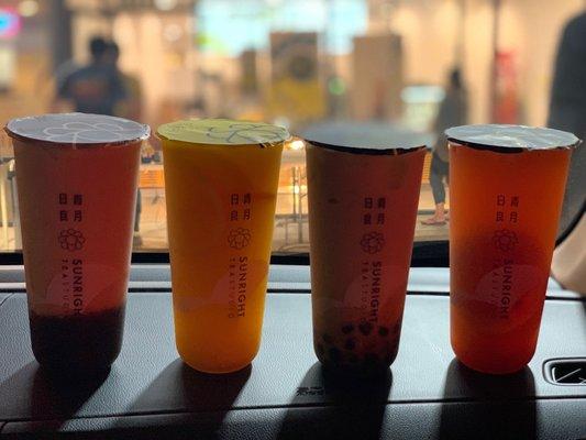 From L to R: Sunright boba milk tea, Sunright fruit tea, panda milk tea, and grapefruit jasmine tea!