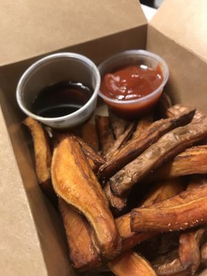 Sweet Potato fries with smoky ketchup and this stout syrup that is out of this world