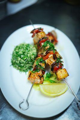 Swordfish Kebab- Grilled Cubes of Swordfish served with Tabbouleh salad, Lemon juice & EVOO.