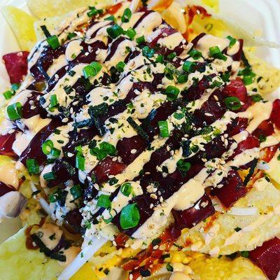 Special! Fresh Ahi Poke Nachos over wonton chips