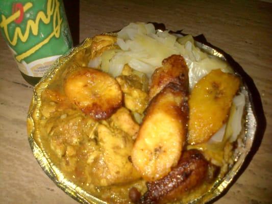 Curry chicken, rice and peas, sweet yellow plantains, cabbage, and Ting soda. From Kaylah's Hut 10/28/12.