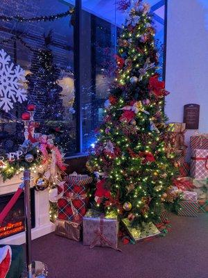 Holiday decorations outside the theater