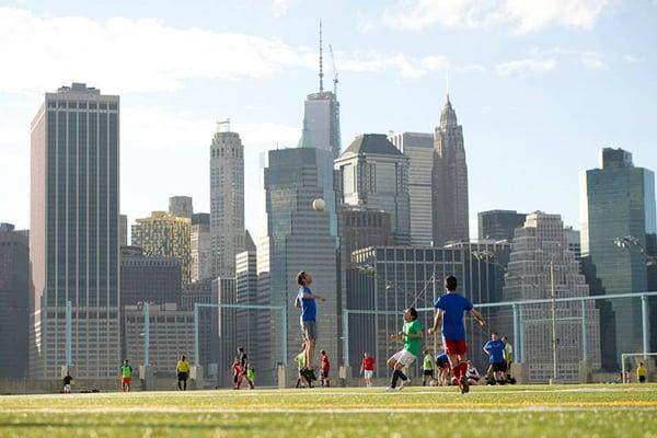 Beautiful city views from our Brooklyn soccer league field can't be beat!