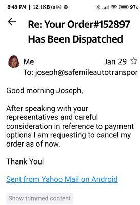 My cancellation do to no payment options besides cash