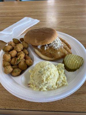 Fried tilapia sandwich, fried okra and potato salad . Very good !! 7/10/23