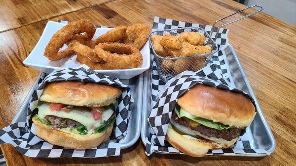 Carne Asada wagyu burger with onion rings & classic wagyu burger with tots