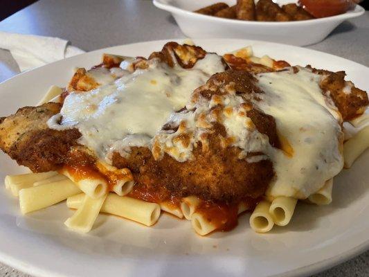 Chicken Cutlet Parmigiana Dinner with Ziti