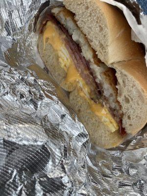 Scrambled egg cheese, hashbrown Taylor ham on a yummy bagel