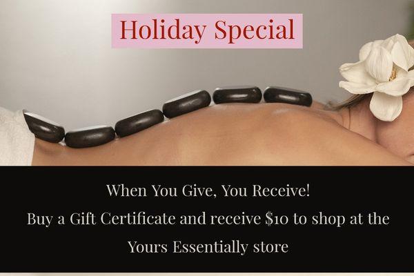 When you give you receive with this special. Buy a gift certificate and get $10 free to use at the Yours Essentially Store @ yepdx.com