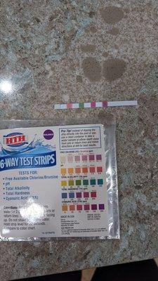 Test strip showing 0 chlorine and pH over 8.