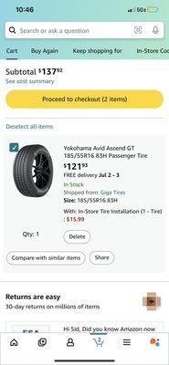 Tire and installation prices.