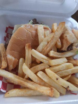 We each enjoyed the hamburger, fries, and a soda for $15.