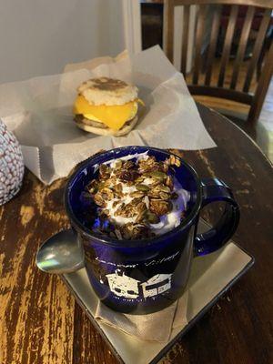 Homemade Granola with Greek Yogurt French Toast themed Latte Bacon Egg & Cheese English Muffin