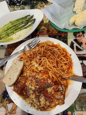 Grilled eggplant with pasta. Side of Parmesan asparagus & fresh bread. Delicious!