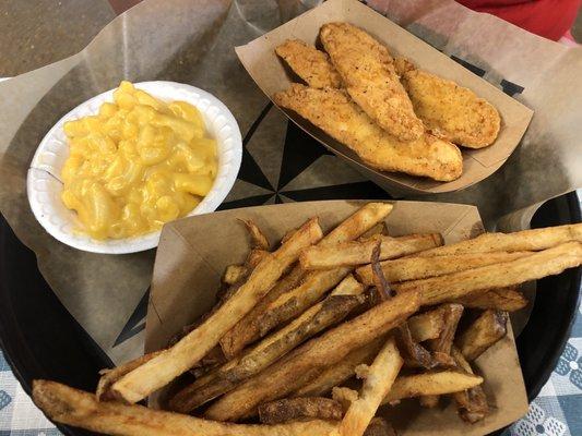 Chicken Strips with fries and a Mac and Cheese