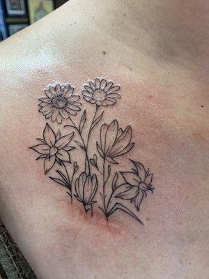 magnolias, sunflower, borage/starflowers, and chamomile growing from a chemo port scar