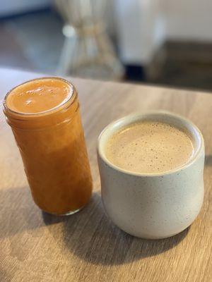 Orange carrot juice and  Rose glow latte with oat milk (delicious)