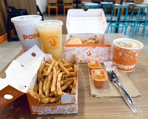 5 piece spicy chicken strips, biscuit, medium fries and drink, frozen mango lemonade.