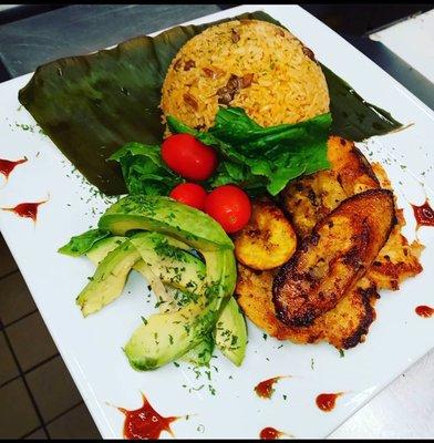 Vegetarian option - Arroz con Gandules, Sweet Plantains, and Avocado salad