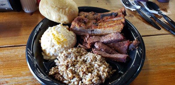 Beef & ribs with dirty rice and potato casserole