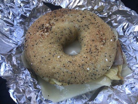 Turkey, Egg & Swiss Sandwich on a garlic bagel