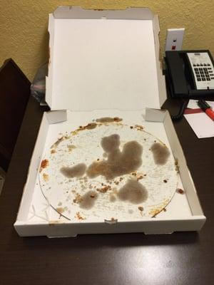 Taken just minutes after arriving back at the hotel. Here lies the remains of a pepperoni and sausage pizza from Bobe's. RIP