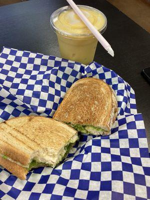 Chicken pesto panini, island breeze smoothie.