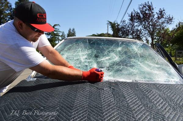 The filming of this drama had plenty of action, just look at this windshield!