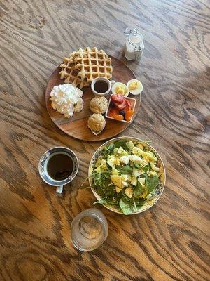 Waffle board, spinach salad