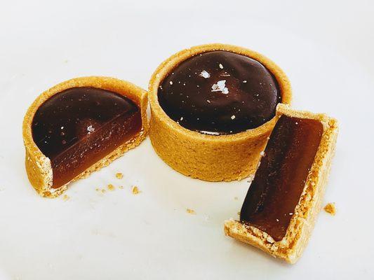 Mini Chocolate Caramel Tarts with Maldon Sea Salt.