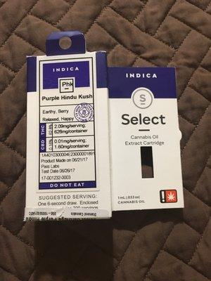 My Indica extract cartridge selection.  Purple Hindu Kush.  Looking forward to trying this out.