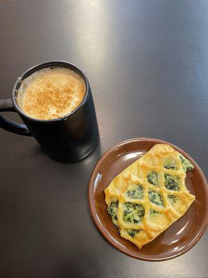 Large dirty chai with spinach feta croissant