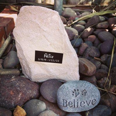 Our dog passed away and they made this wonderful name tag for her gravestone rock.