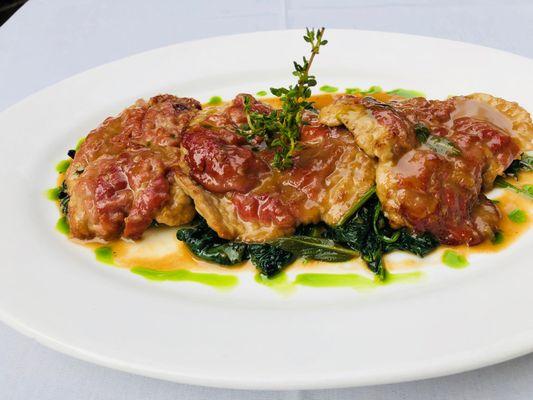 Veal scallopini with spinach and prosciutto