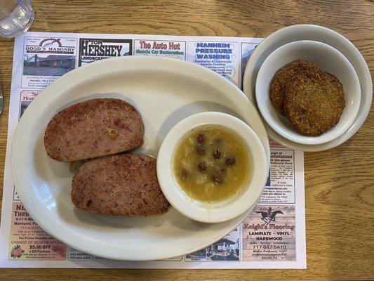 Ham Loaf with Pineapple Raisin Sauce and Fried Eggplant