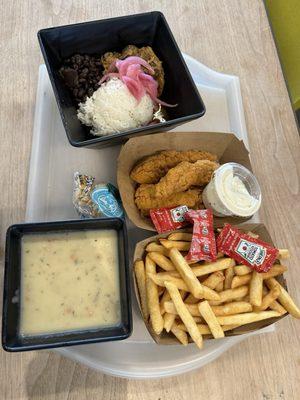 Pork Bowl (3 stars), Chicken Tenders (4 stars), Fries (3 stars), Clam Chowder (watery)