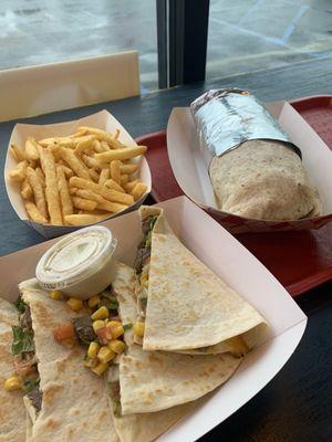 Quesadilla supreme (with steak), Cali Burrito and a side of fries.