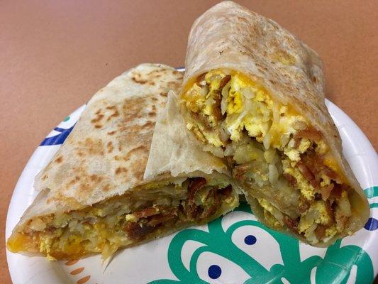 Yummmy piping hot bacon breakfast burrito!