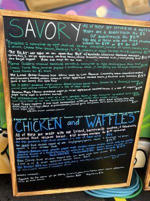 Savory and chicken and waffles menu