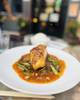 Chilean Sea Bass Special w/ mango chutney, tamarind spicy chili sauce, yu choy, shiitake mushroom