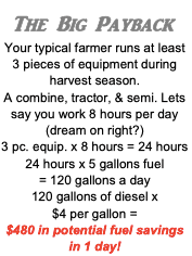 Running equipment like a combine harvester on a clean filter will reduce fuel consumption significantly. See our fuel efficiency equation.