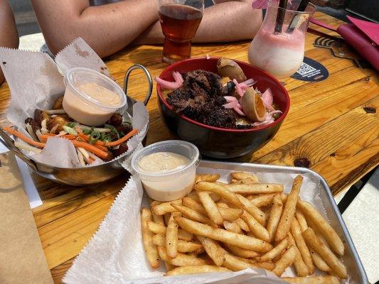 Korean potatoes, fries, steak bowl and drinks